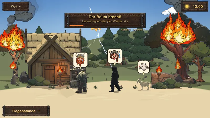Ein Blitz schlägt im Dorf ein, zwei Bäume brennen