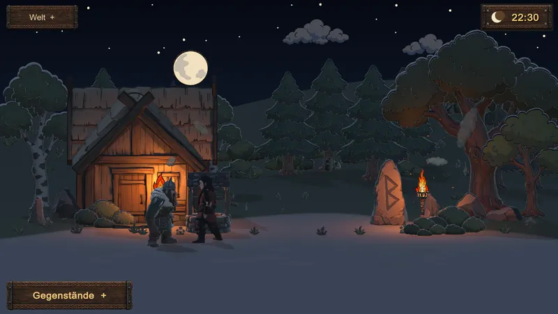 Das Dorf bei Nacht mit Vollmond, Sternen und Fackeln
